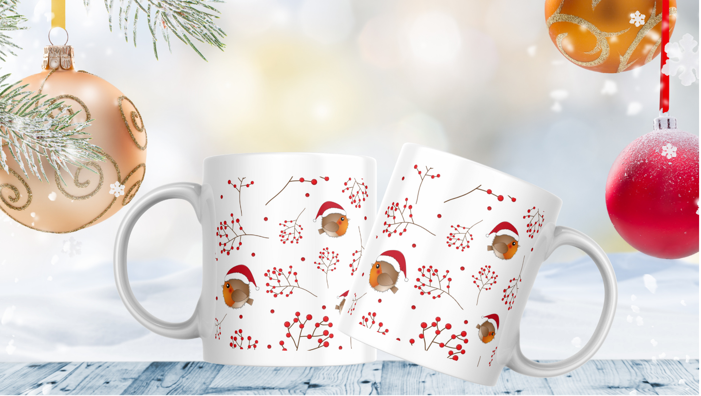 Birds wearing festive Santa hats, crafted mug