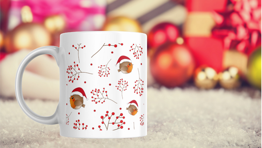 Birds wearing festive Santa hats, crafted mug