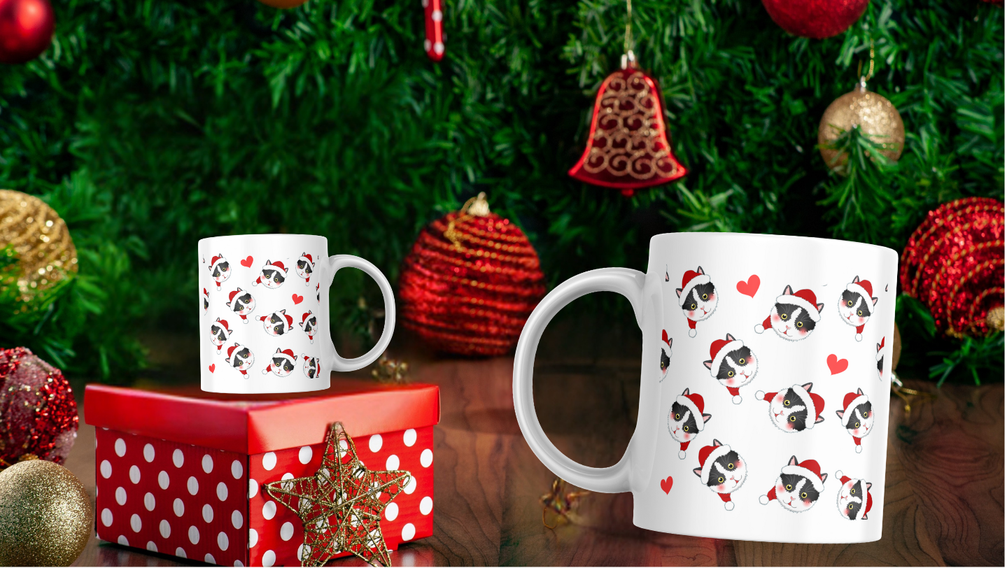 Christmas Cat Mug- Festive with santa hat