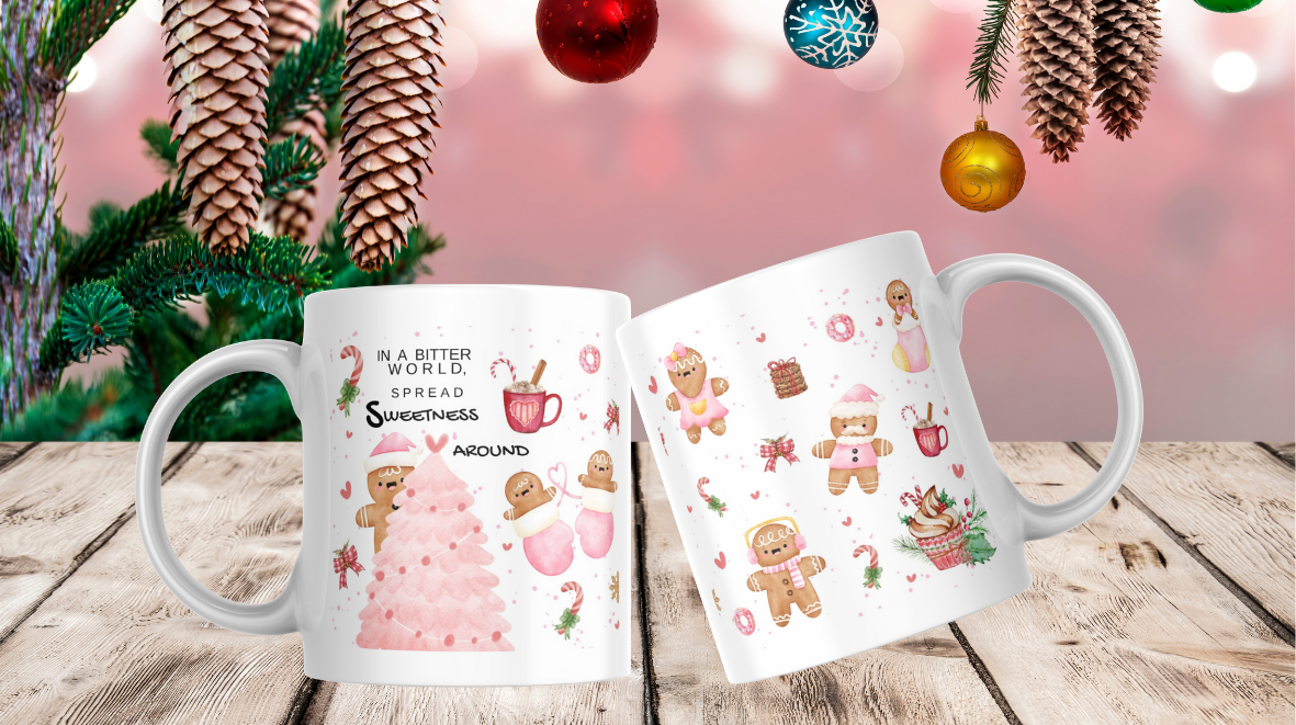 Sweet Christmas Mug – “In a Bitter World, Spread Sweetness Around” Gingerbread Holiday Cup, Cute Pink Mug Gift