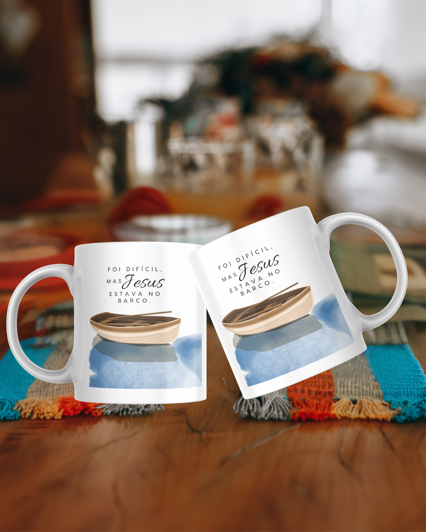 Caneca " Foi difícil mas Jesus estava no Barco"