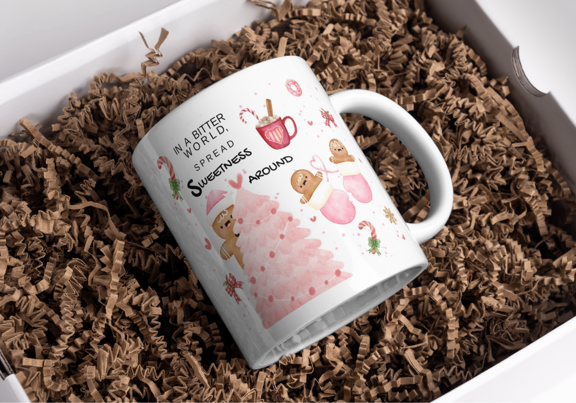 Sweet Christmas Mug – “In a Bitter World, Spread Sweetness Around” Gingerbread Holiday Cup, Cute Pink Mug Gift