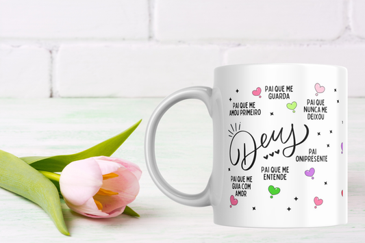 Caneca " mensagens de Deus Pai, Ele cuida, guia e nos guarda"
