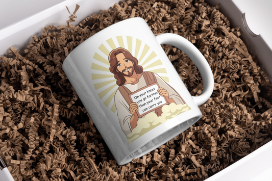 On Your Knees You Go Farther Than Your Feet Can Carry You Mug | Christian Inspirational Coffee Cup | Jesus Design Faith & Prayer Gift