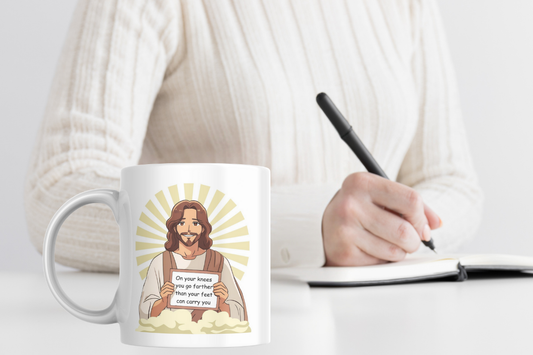 On Your Knees You Go Farther Than Your Feet Can Carry You Mug | Christian Inspirational Coffee Cup | Jesus Design Faith & Prayer Gift